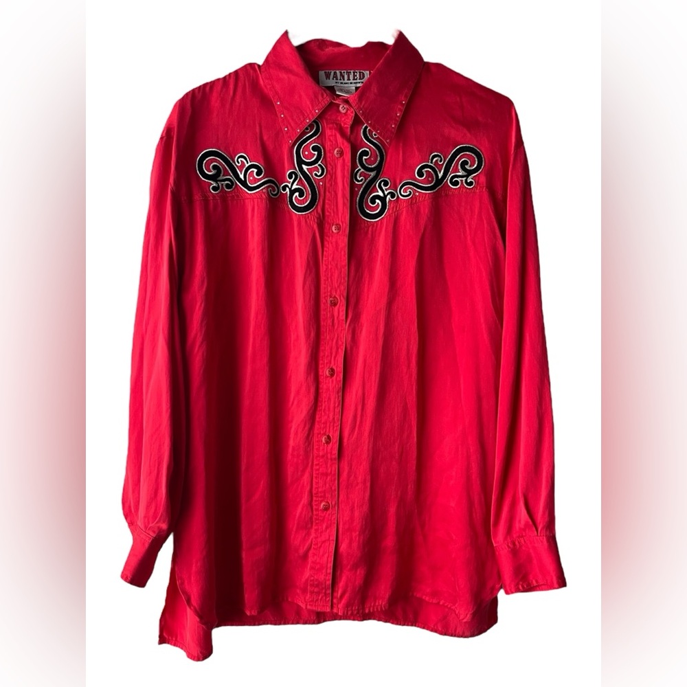 Vintage Western Red Silk Shirt by Wanted – Embroidered Pearl Snap Top Size Small